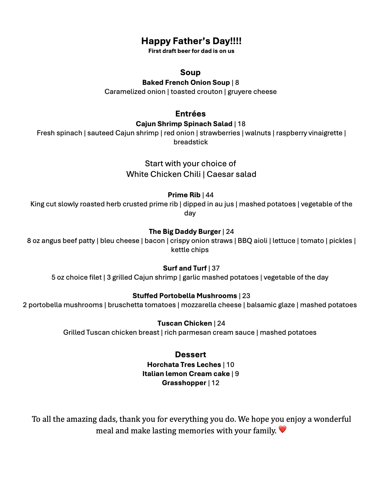 Father's Day serving 3 pm - 8 pm