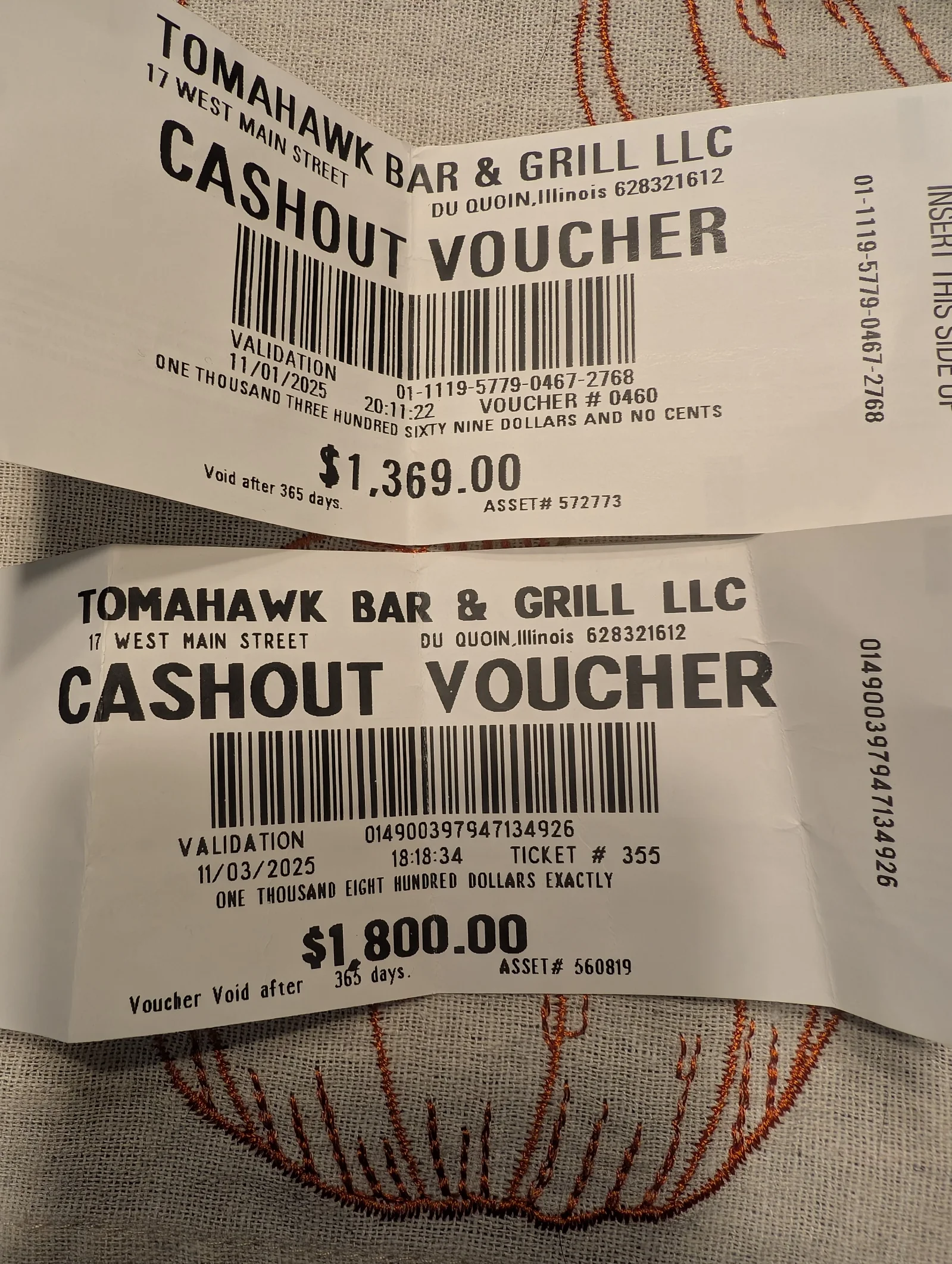 Cashout vouchers from Tomahawk Bar & Grill in Du Quoin, Illinois