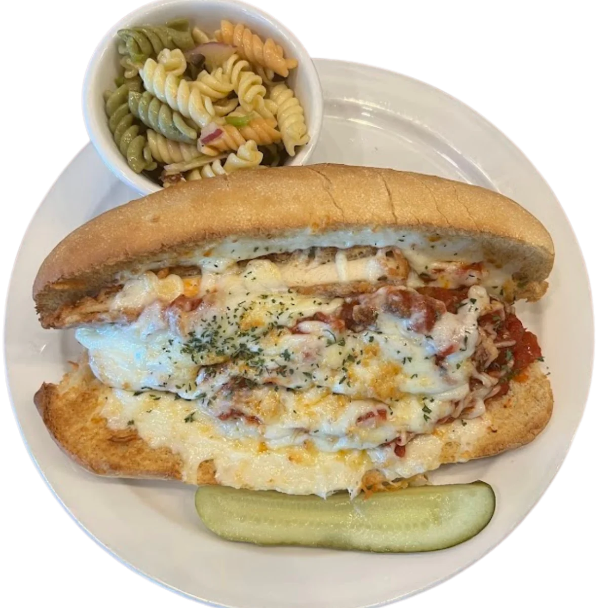 Delicious chicken parmesan sub sandwich with melted cheese and marinara sauce.