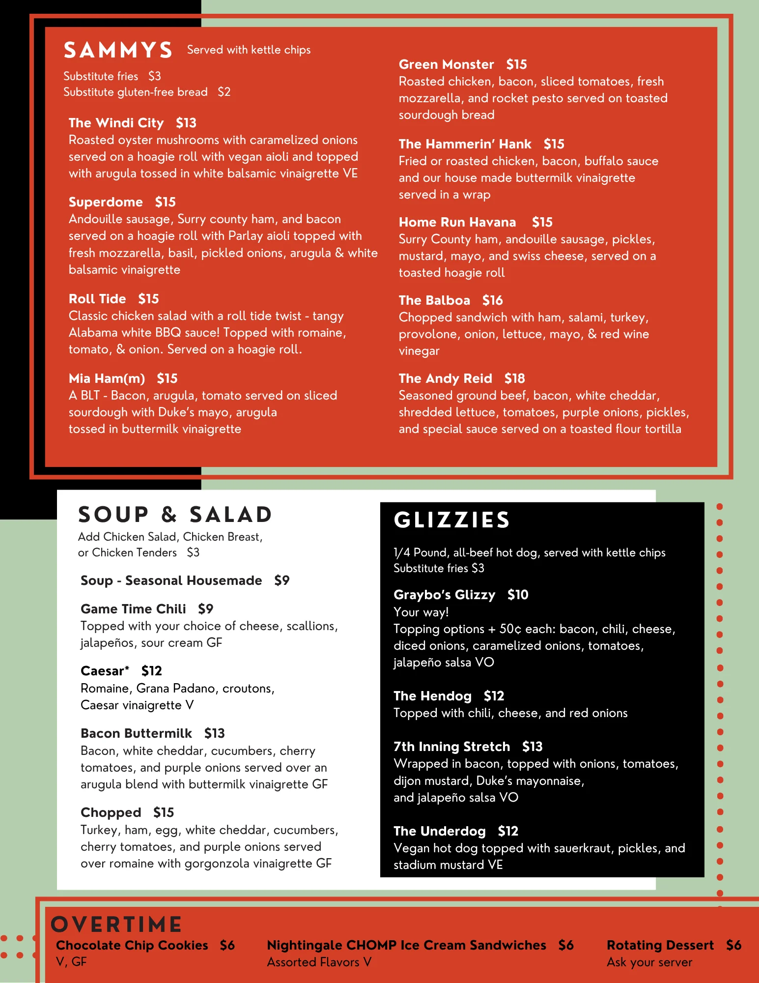Menu featuring diverse sandwiches and salads in a casual dining setting