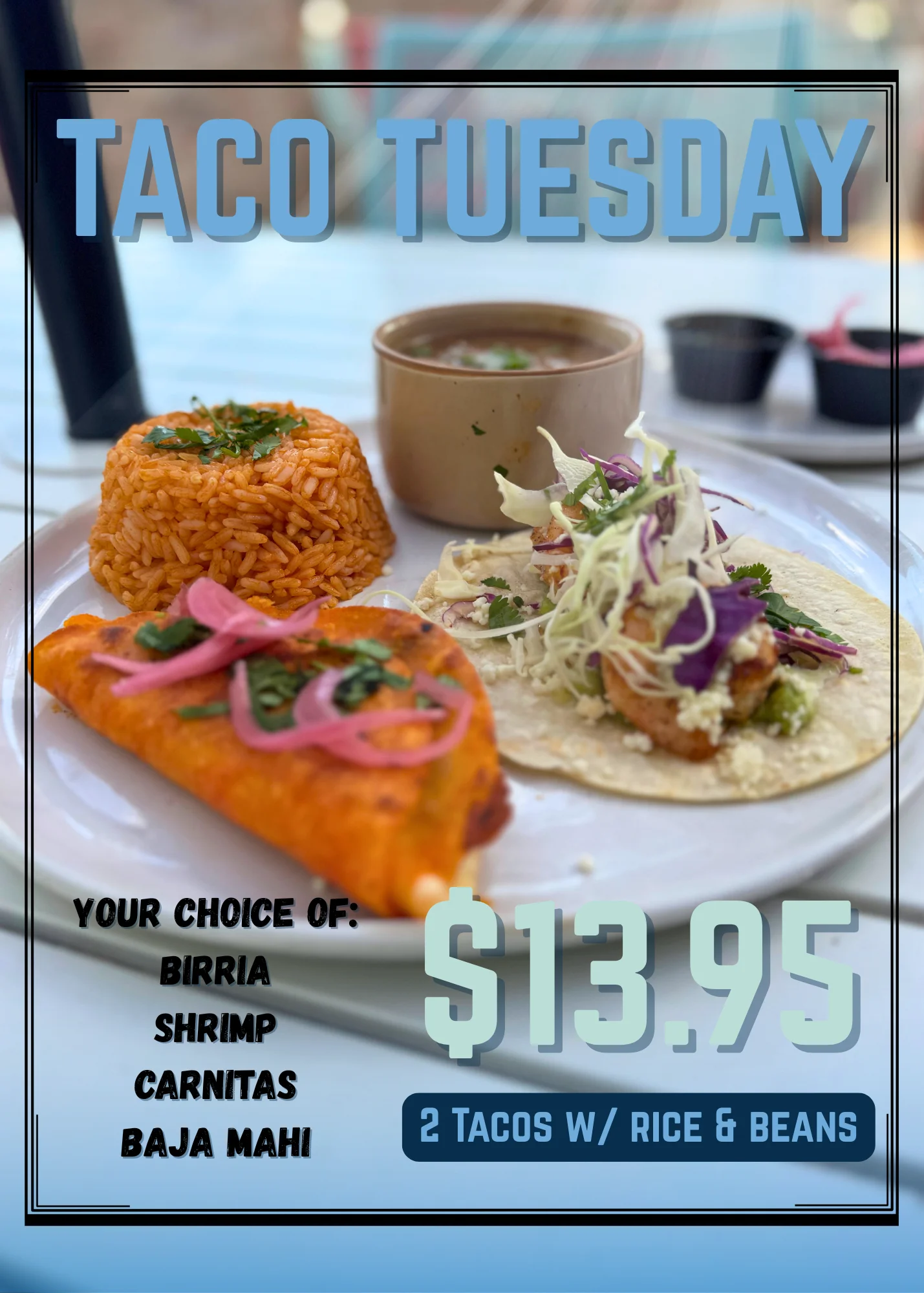 Taco Tuesday platter with birria and shrimp tacos