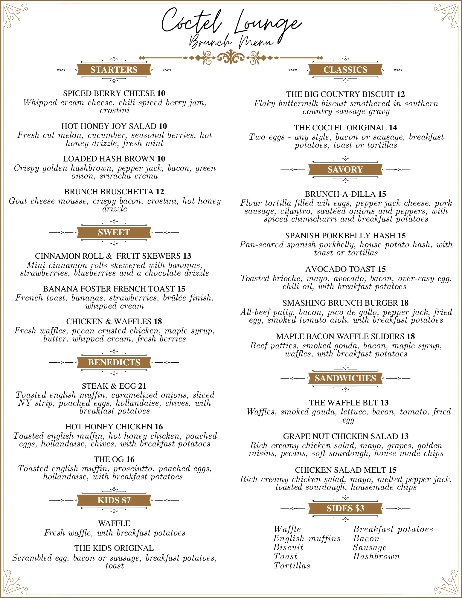Brunch menu featuring diverse dishes at a cozy restaurant