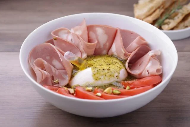 Burrata, Mortadella & Pistachio Pesto