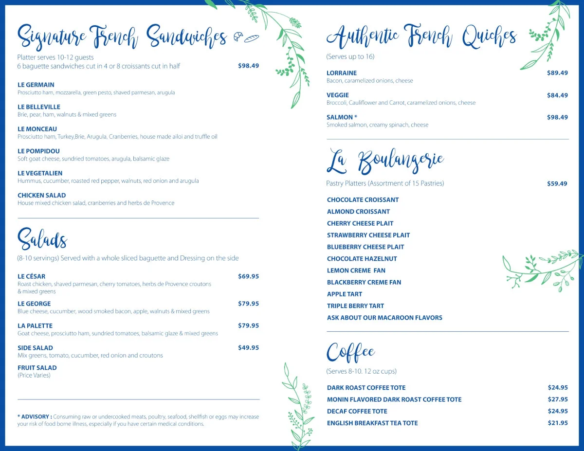 Catering menu featuring various food options and pricing.