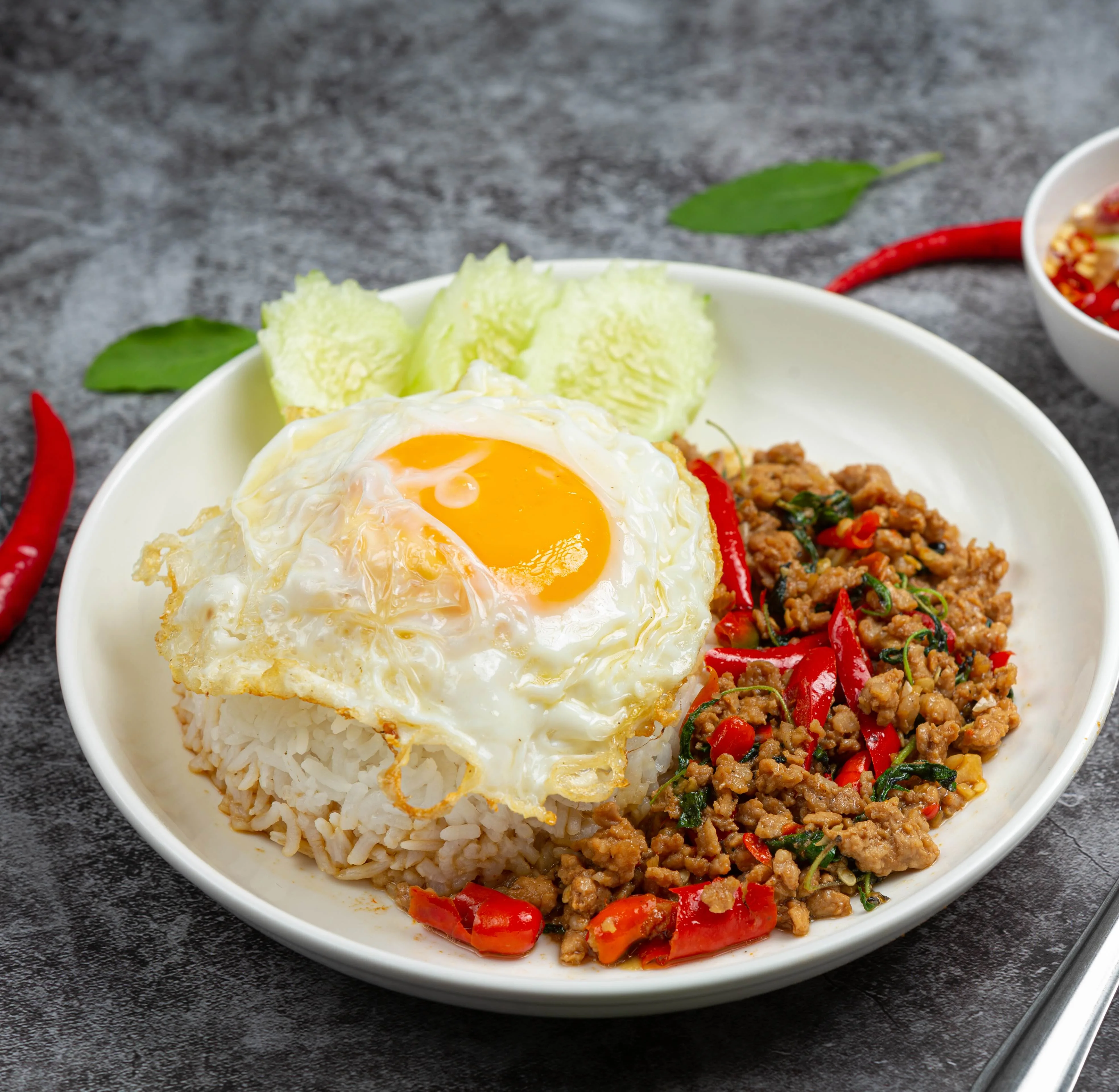 Thai basil stir-fry with rice and fried egg