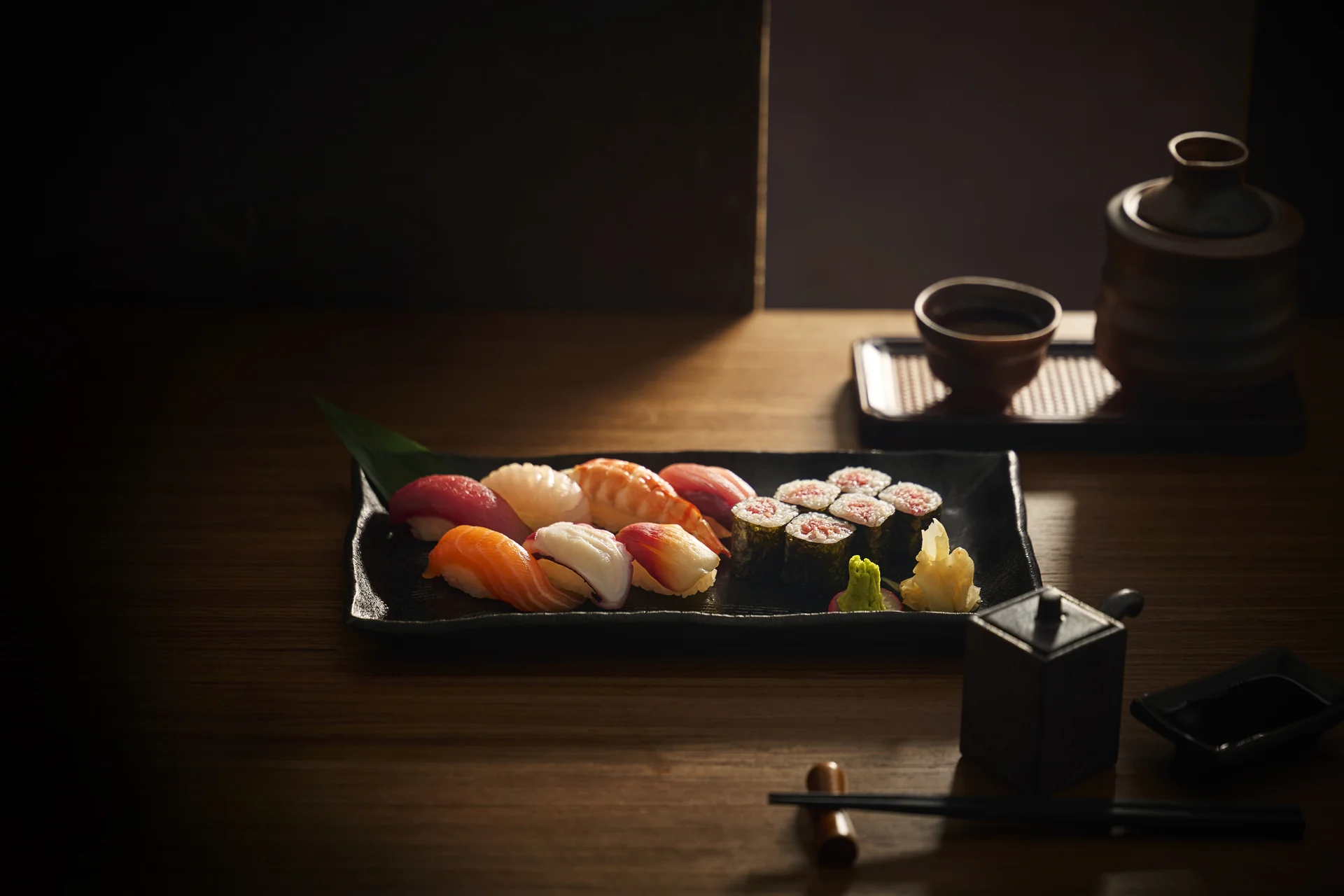 Assorted sushi platter featuring nigiri and maki rolls
