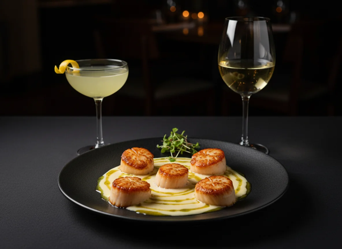 fine dining with cocktail, glass of wine and fresh PNW scallops