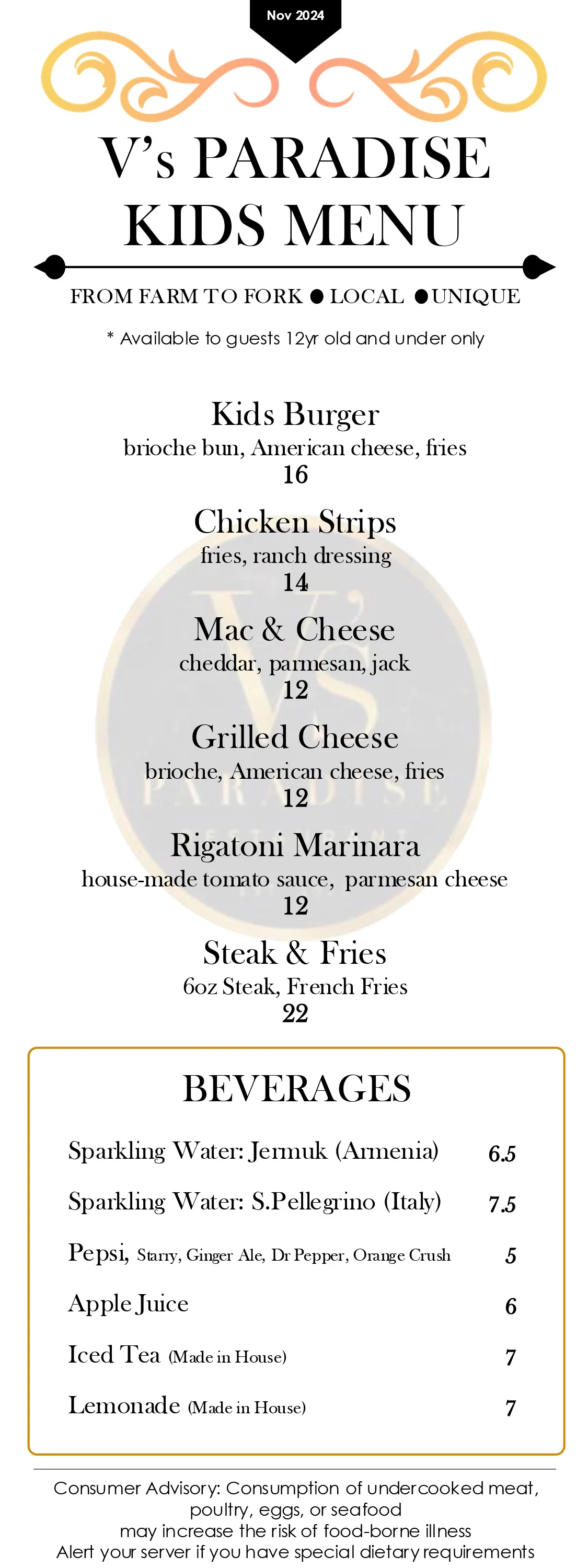 Kids menu featuring American comfort food classics
