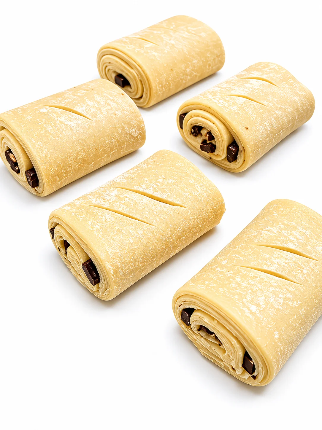 Six rolled pastries with chocolate filling on a white background.