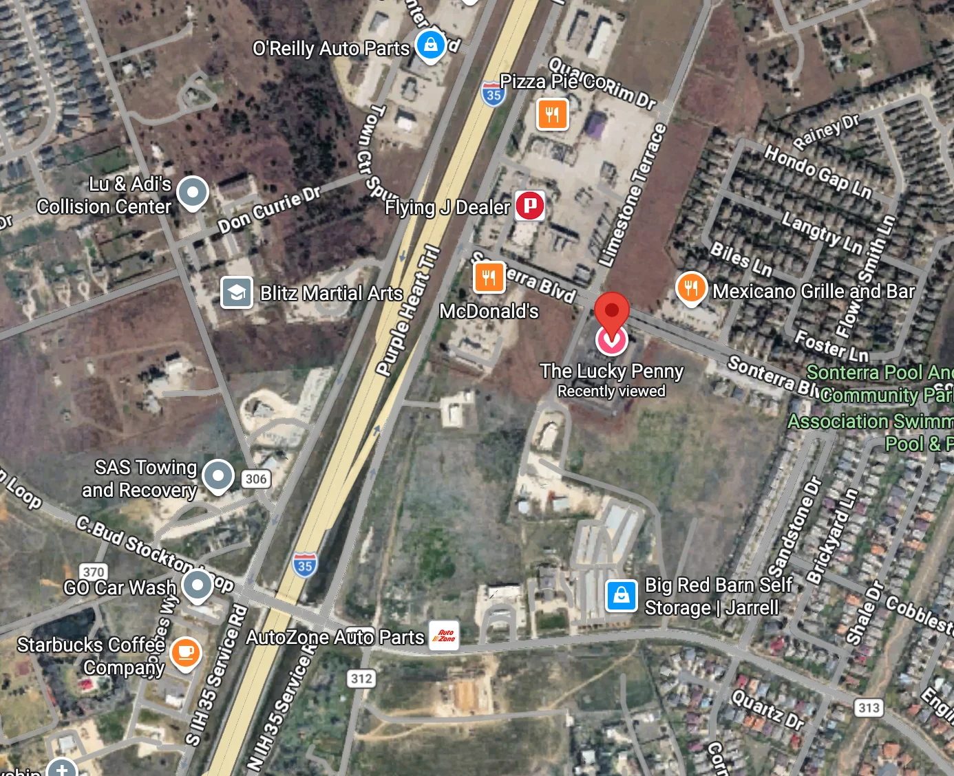Map showing location of The Lucky Penny restaurant and nearby businesses