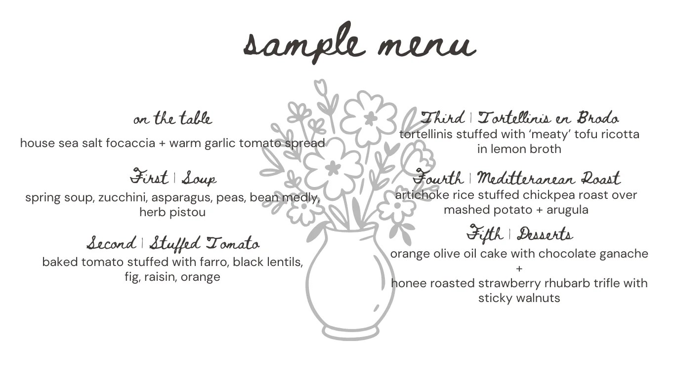 Sample menu featuring Mediterranean dishes and desserts
