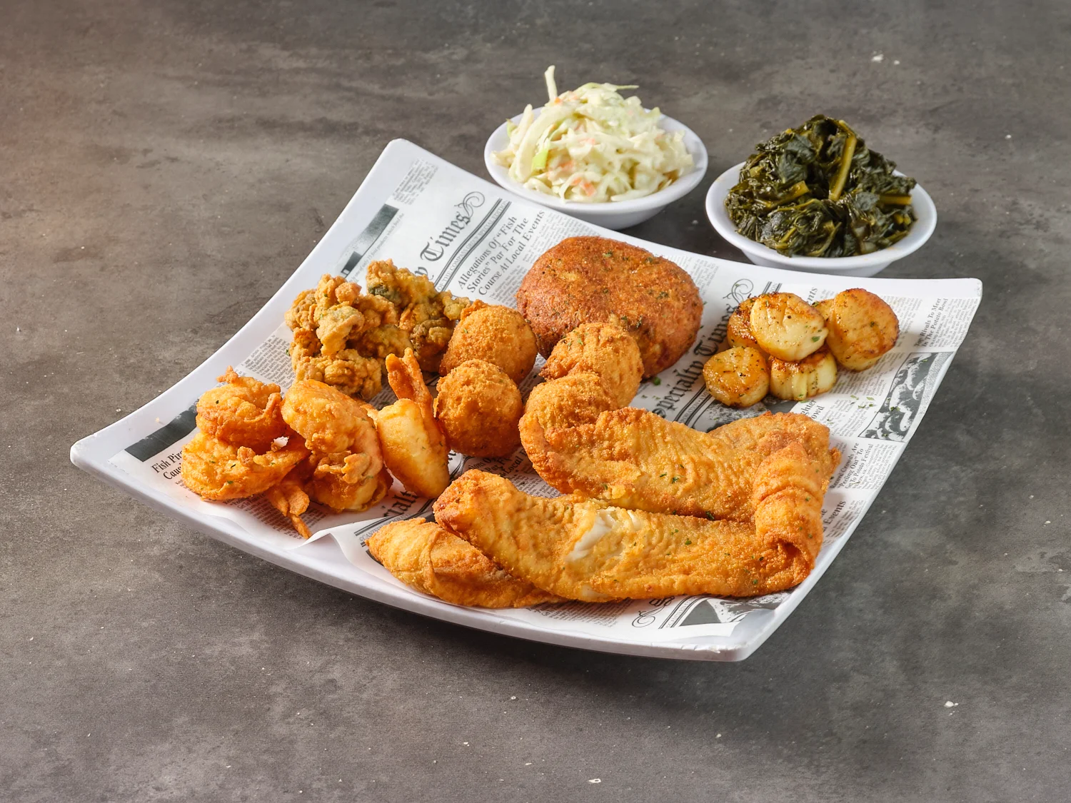Southern fried seafood platter with sides