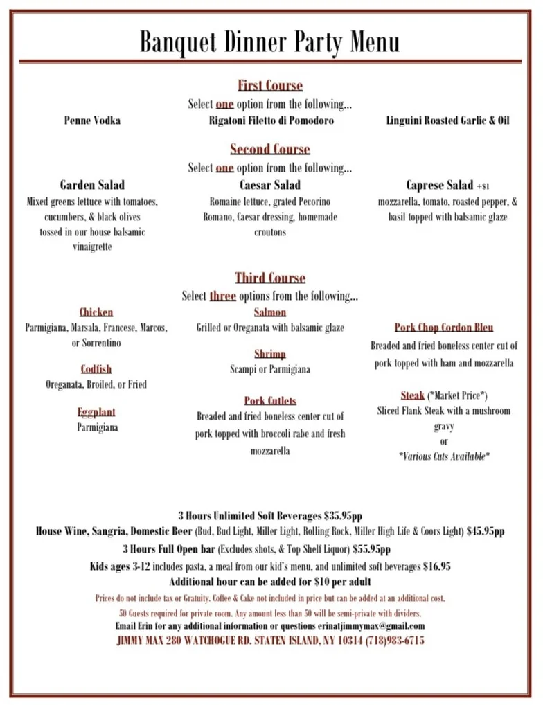 Jimmy Max Banquet Dinner Party Menu