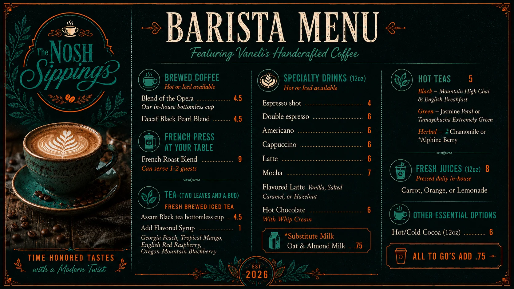 Barista menu featuring handcrafted coffee and specialty drinks