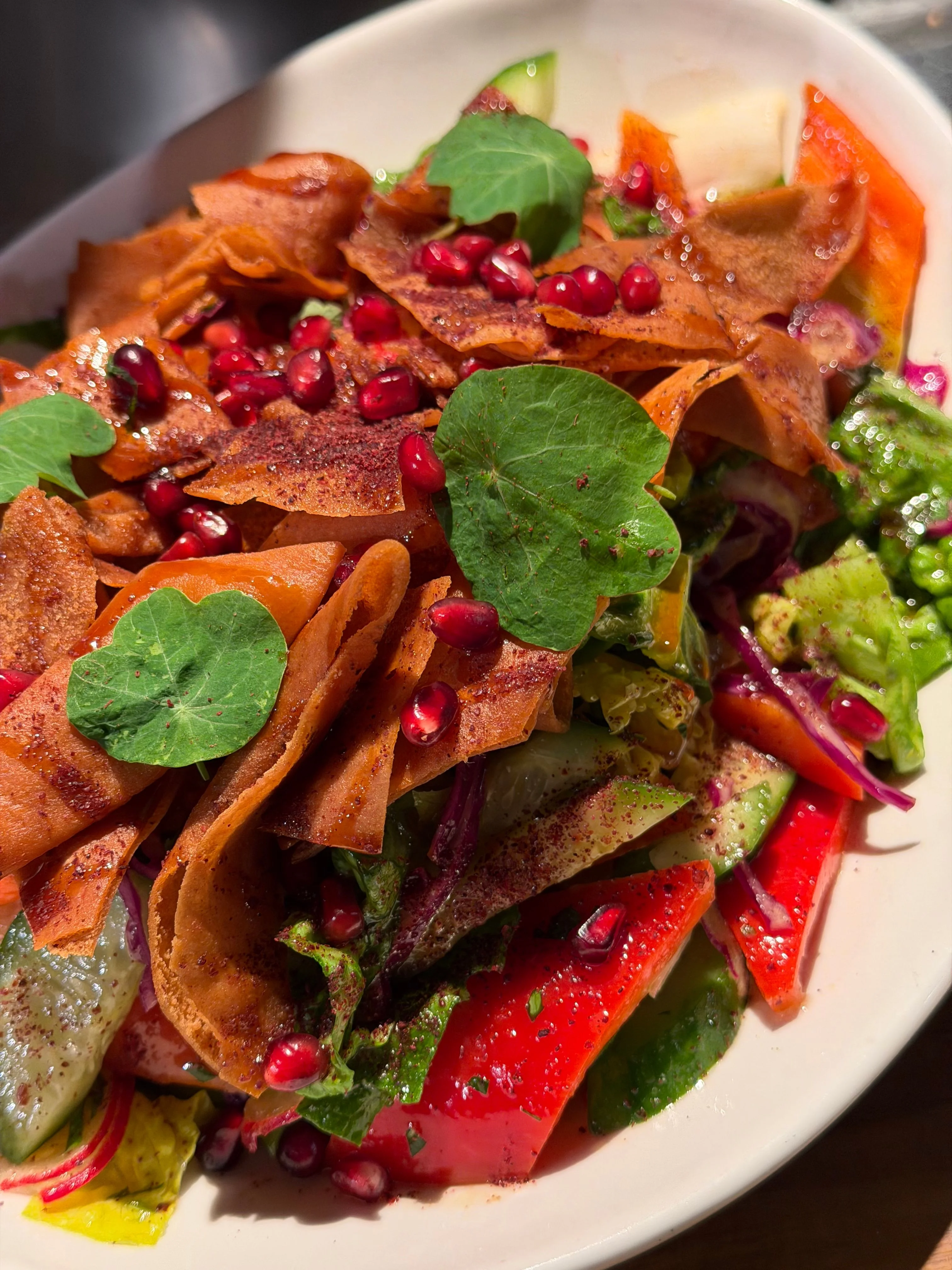 A vibrant fattoush salad topped with crispy pita.
