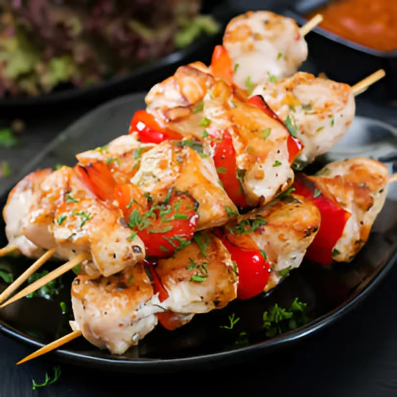 Grilled chicken skewers with bell peppers on a black plate