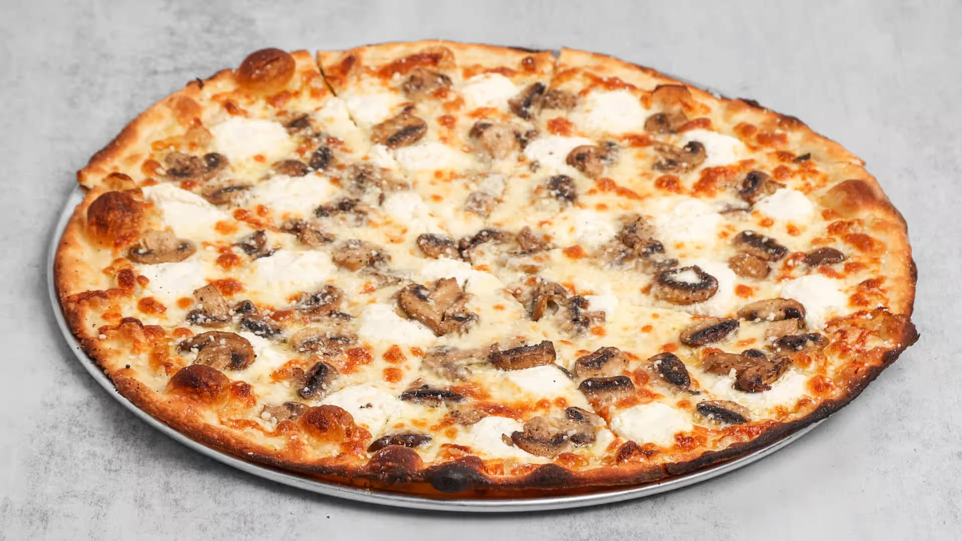 White pizza, with mushrooms, ricotta and truffle oil