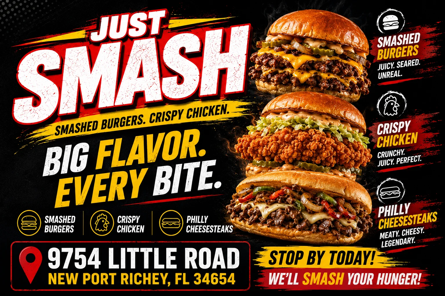 Smashed burgers and crispy chicken sandwiches in a vibrant restaurant setting