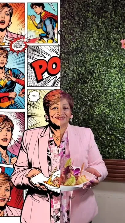 Chef presenting a vibrant fruit platter in a comic-style setting