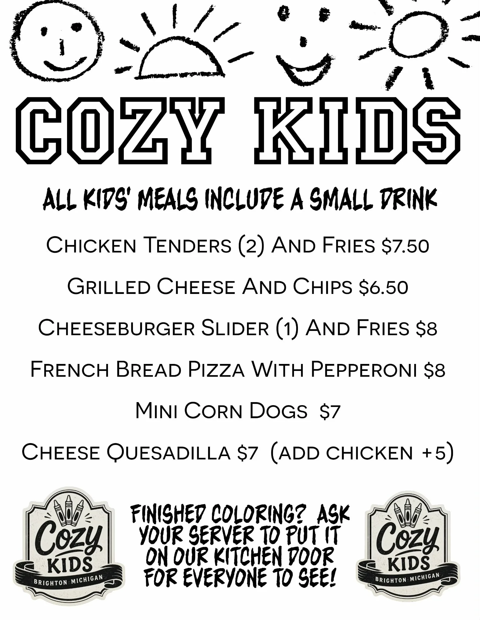 Kids' meal menu featuring chicken tenders and grilled cheese