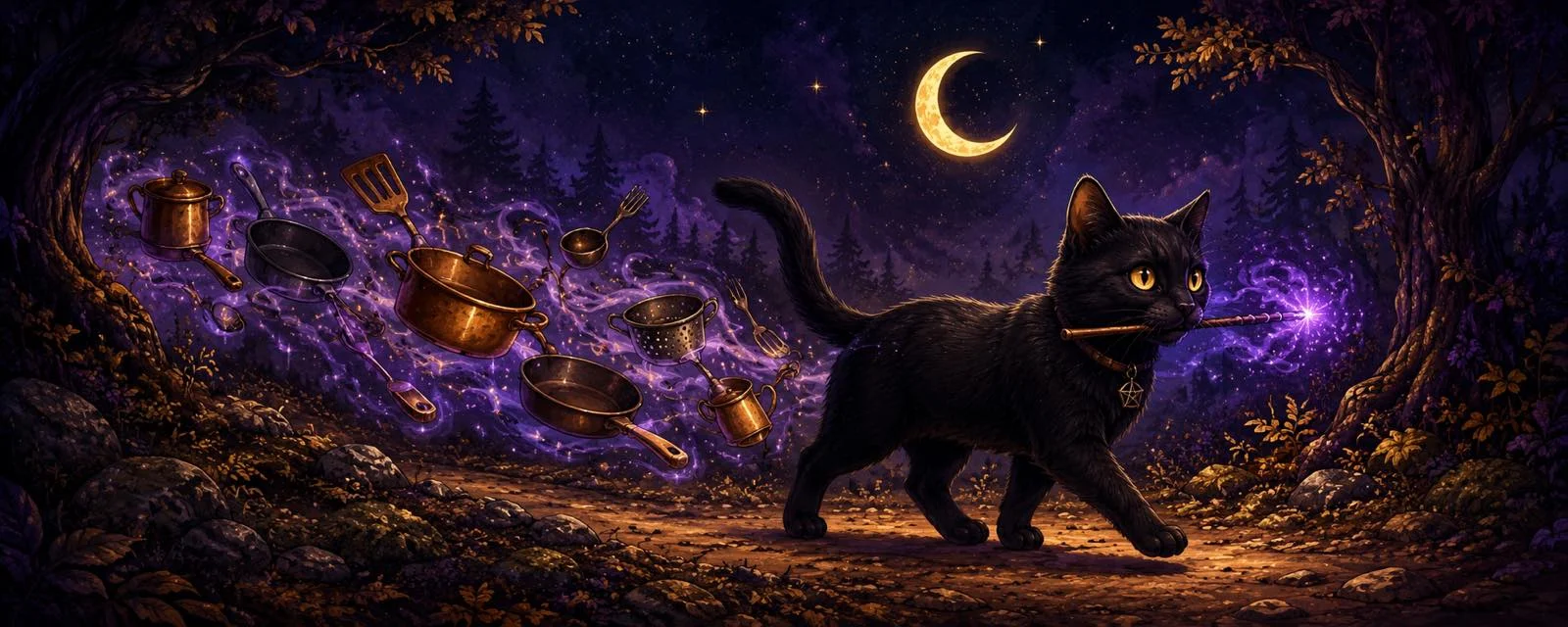Whimsical black cat with cooking pots in a magical forest