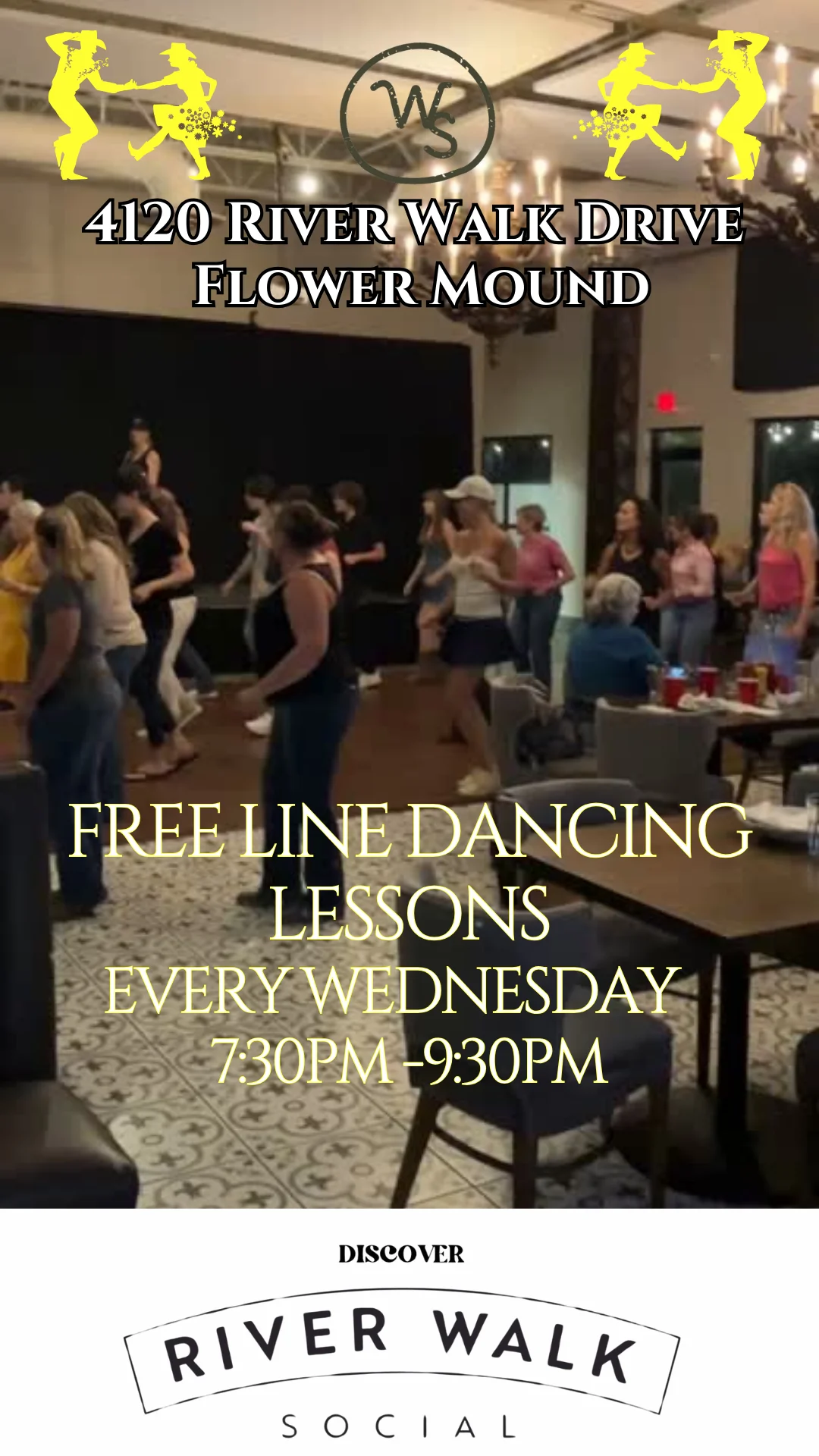 Line dancing event at River Walk Social in Flower Mound