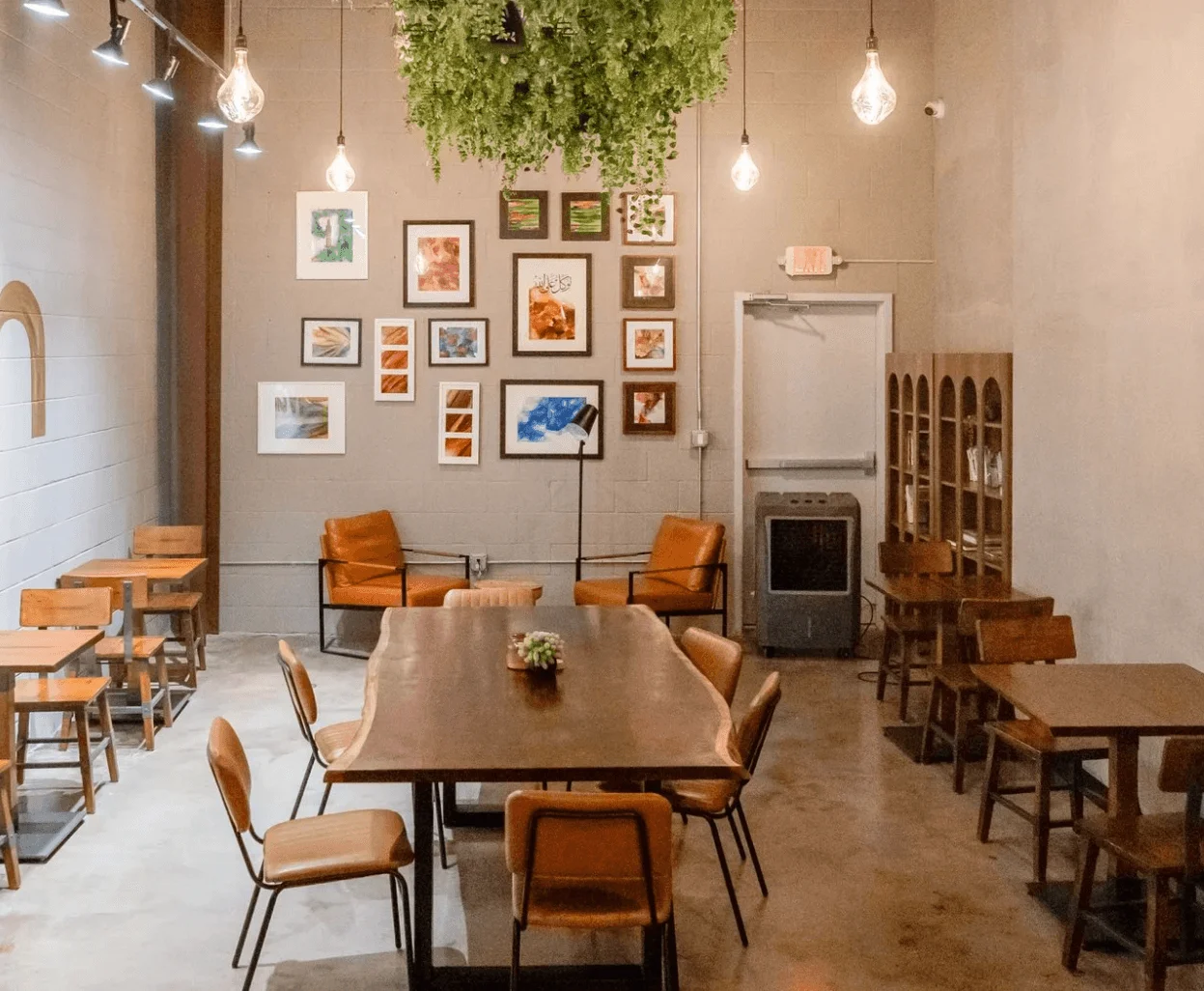Cozy restaurant interior with wooden accents and warm lighting