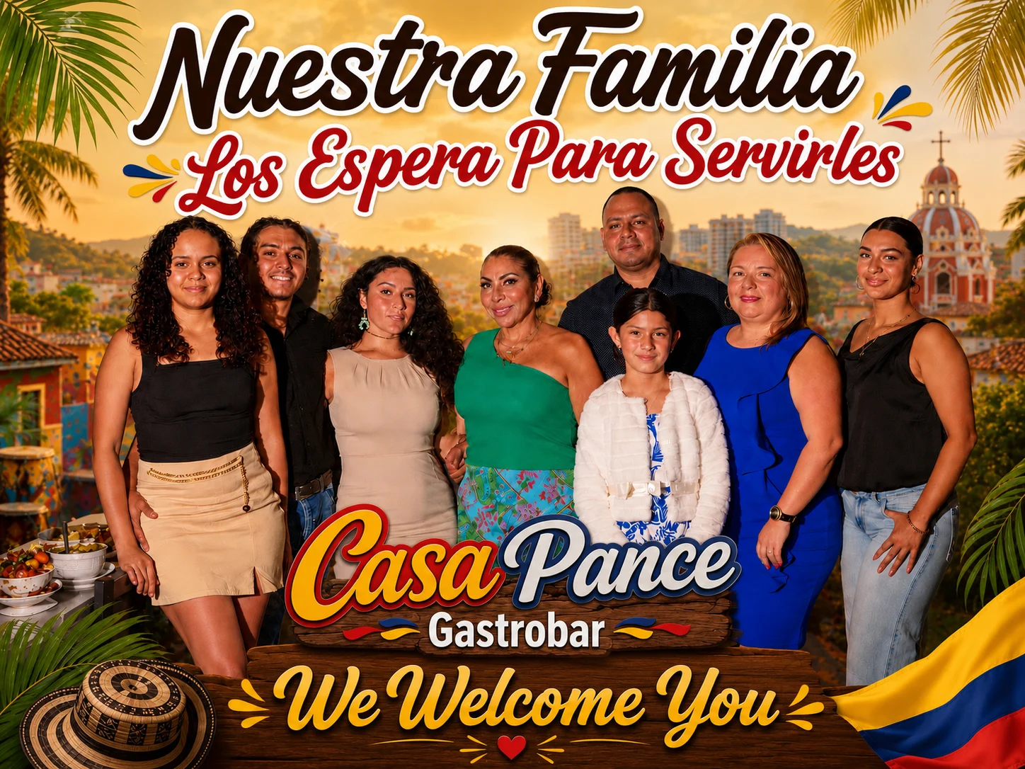 Family portrait at Casa Pance Gastropub welcoming guests