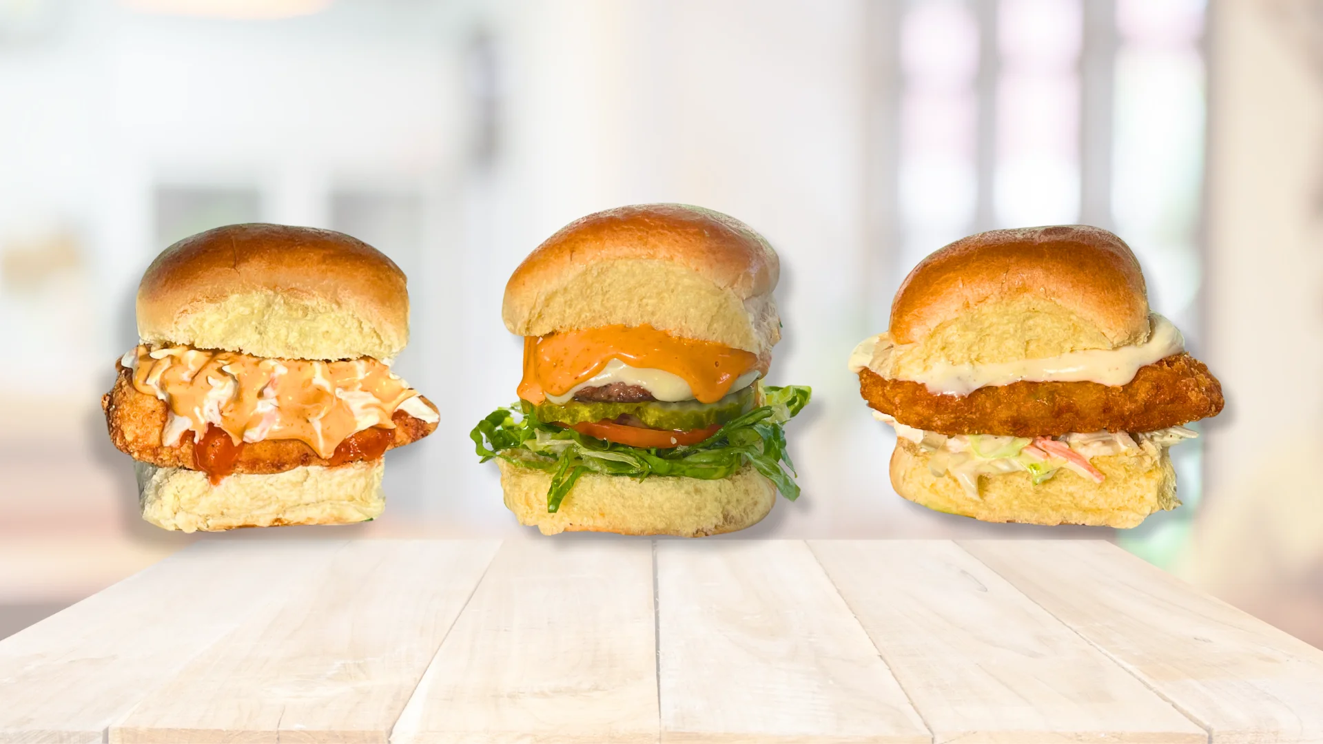 Assorted gourmet sliders on a wooden table
