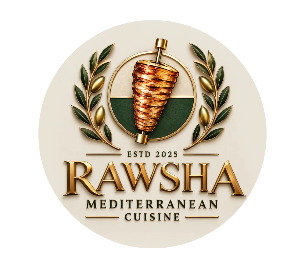 Logo of Rawshe Mediterranean Cuisine featuring a vertical rotisserie