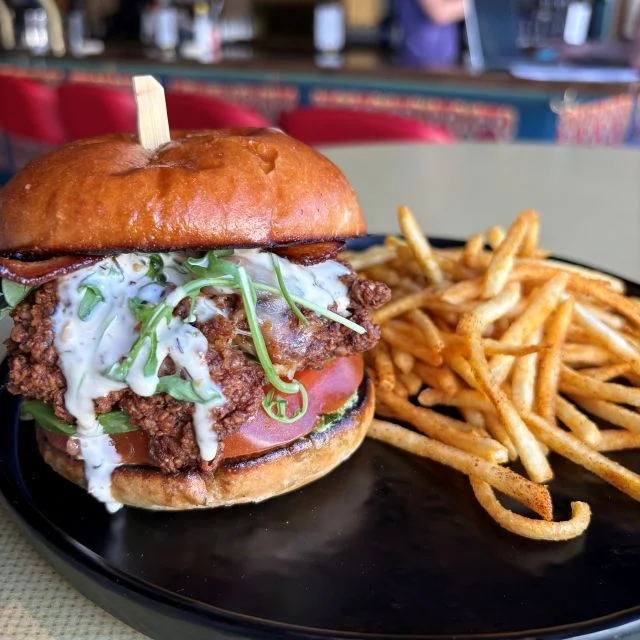 Southern fried chicken sandwich with fries