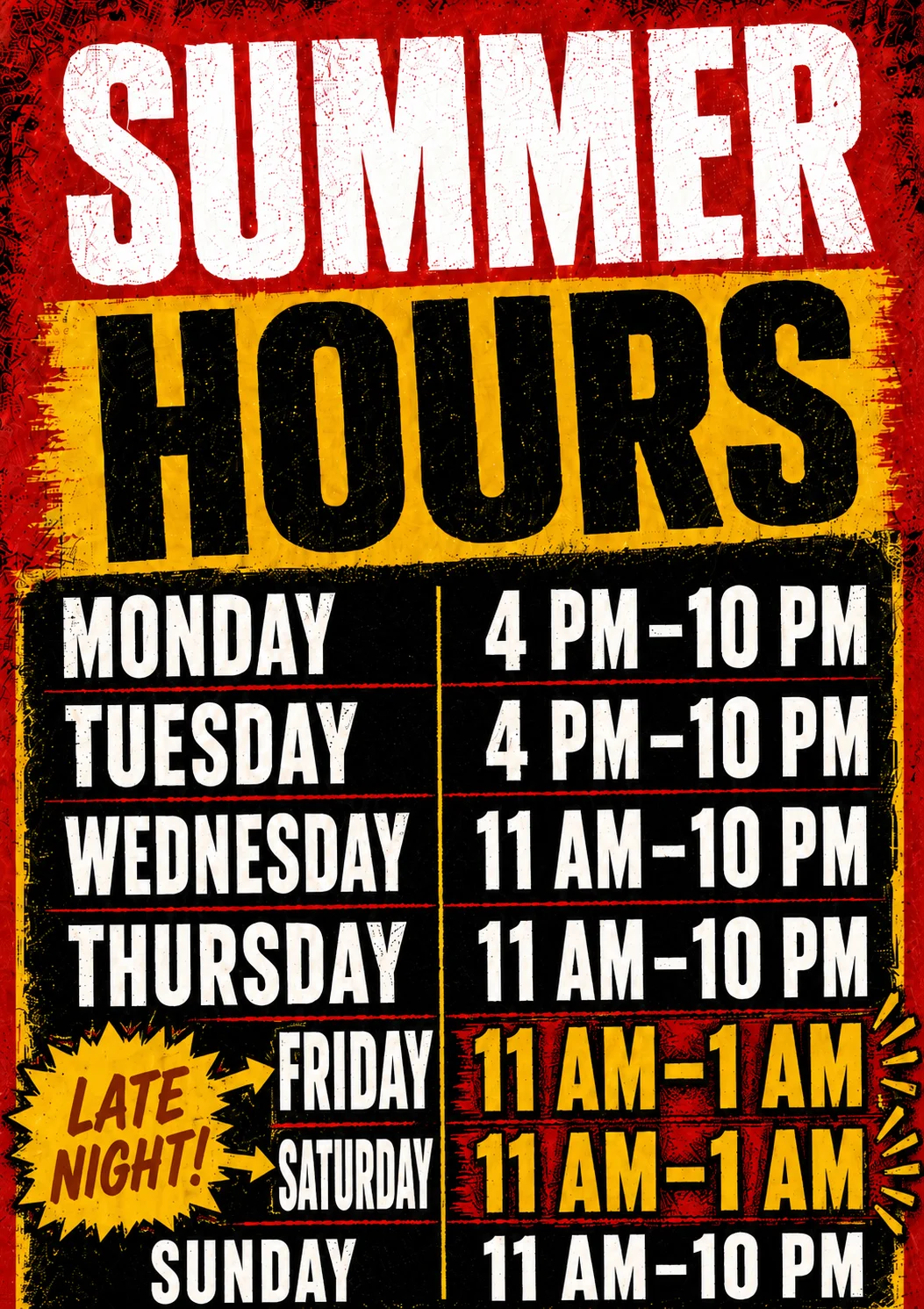 Spring hours for pizza restaurant with happy hour details