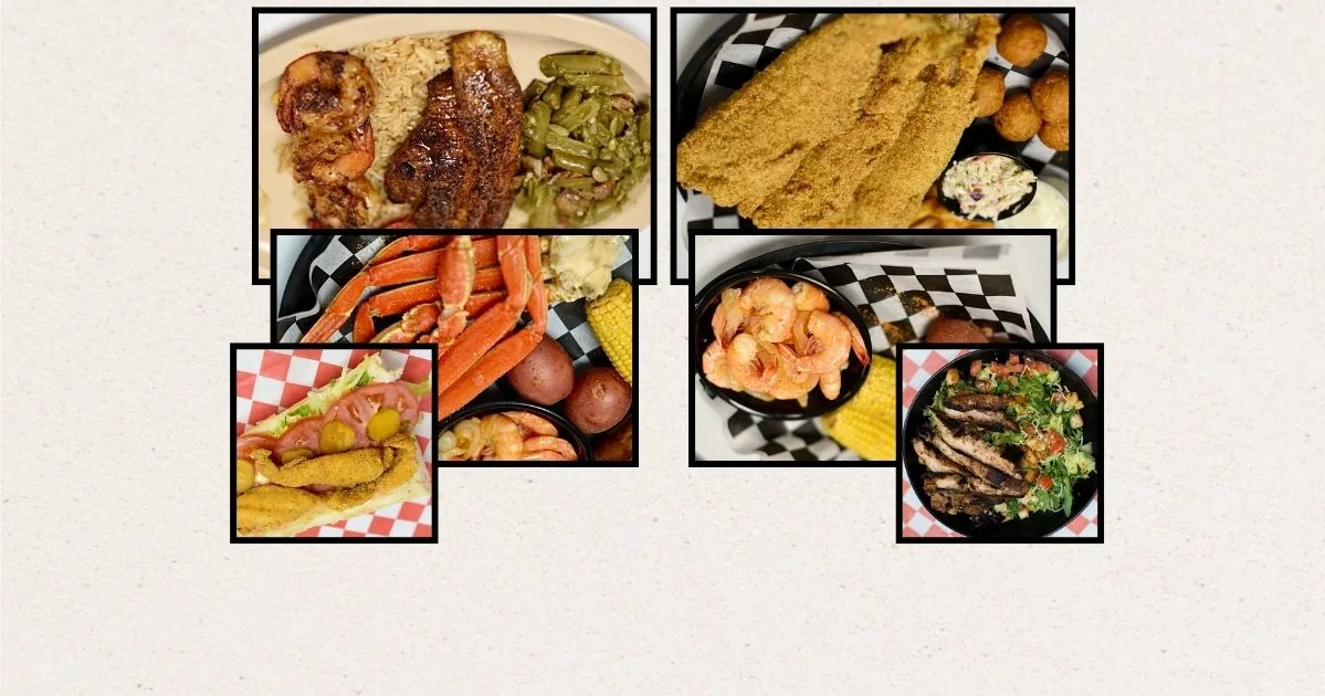 Southern seafood platter with fried fish, shrimp, and crab legs