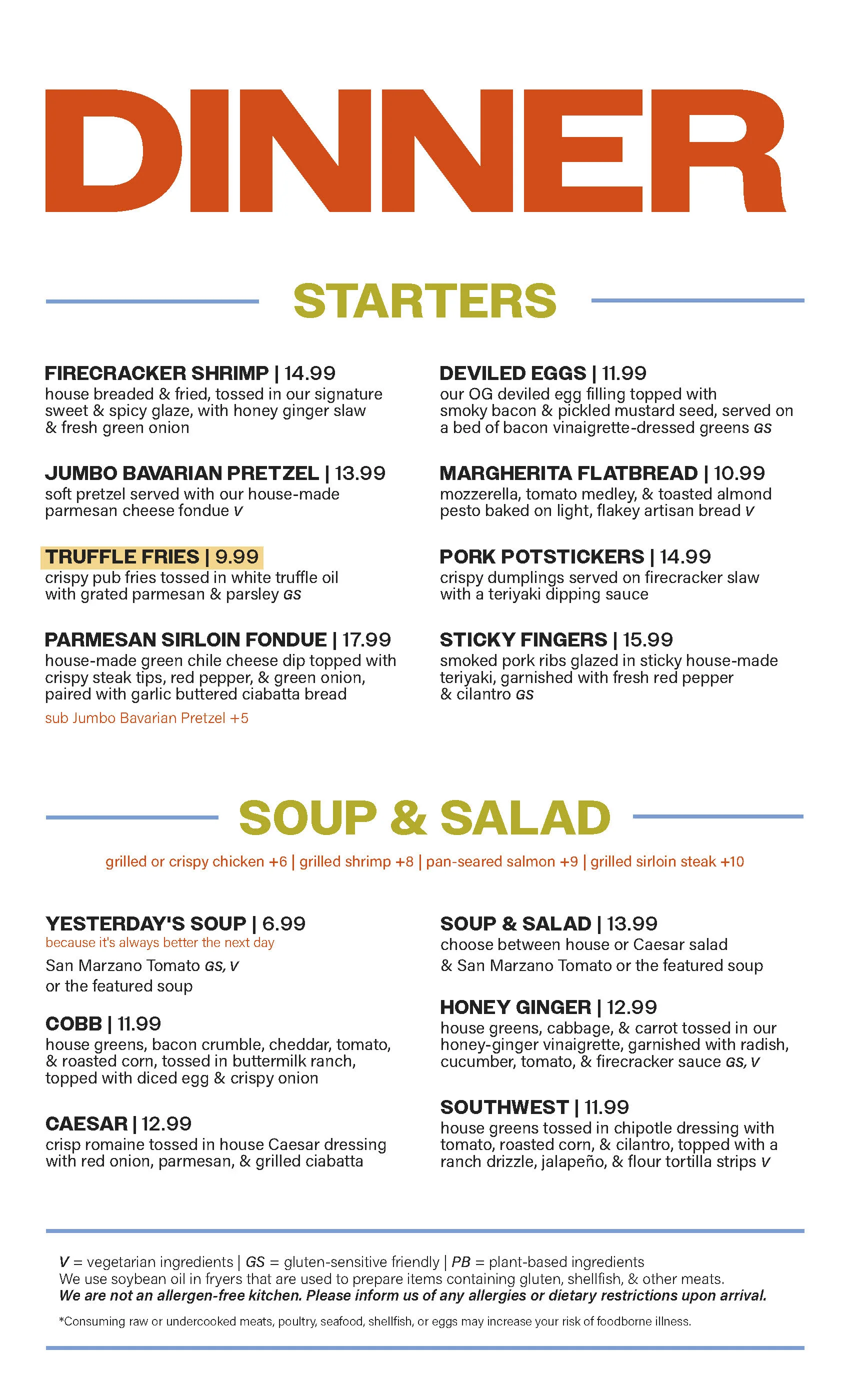 Fleetwood Dinner Menu Page 1