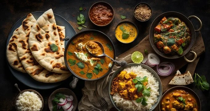 Assorted Indian curries with naan and rice on a rustic table