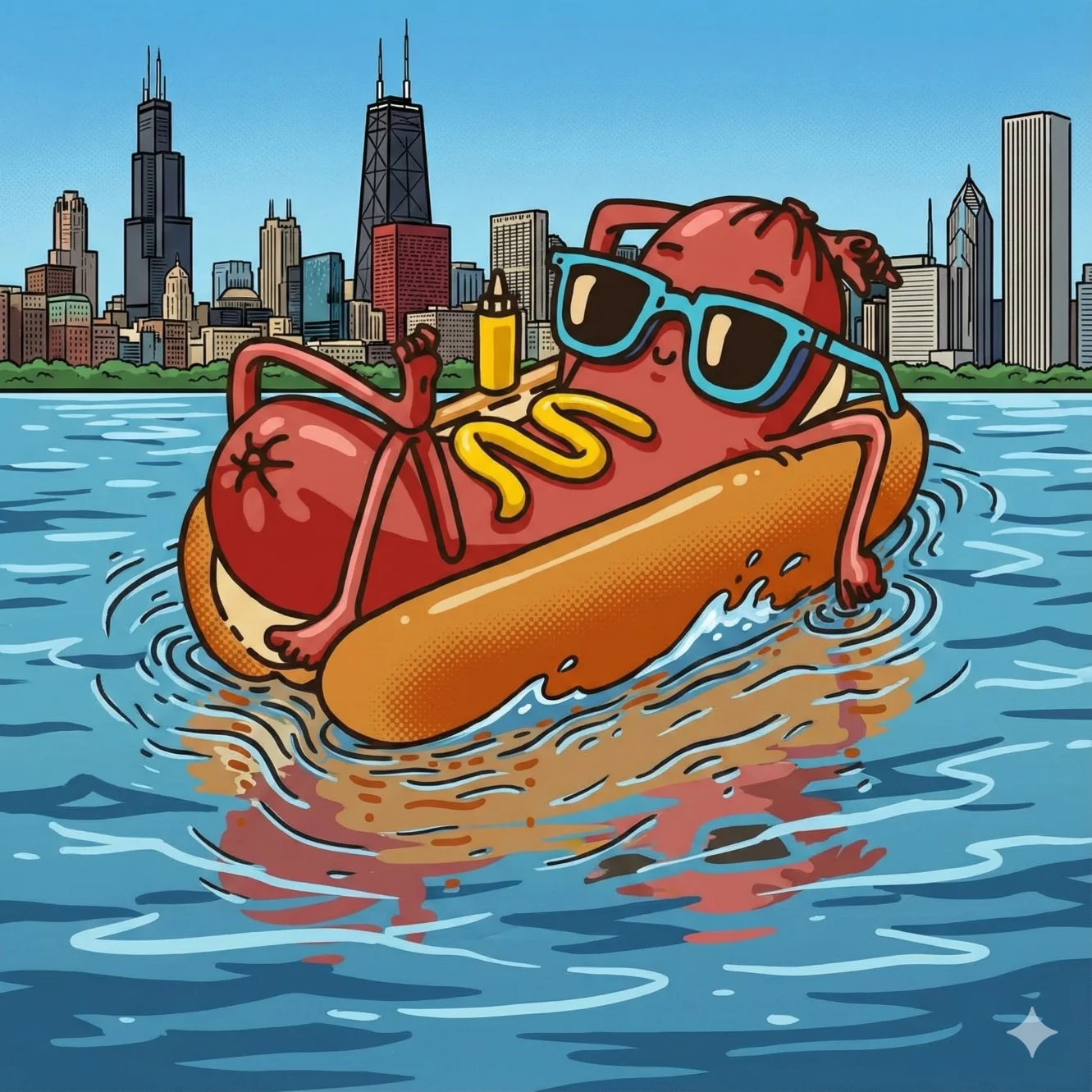 Cartoon hot dog relaxing on a float in a city skyline
