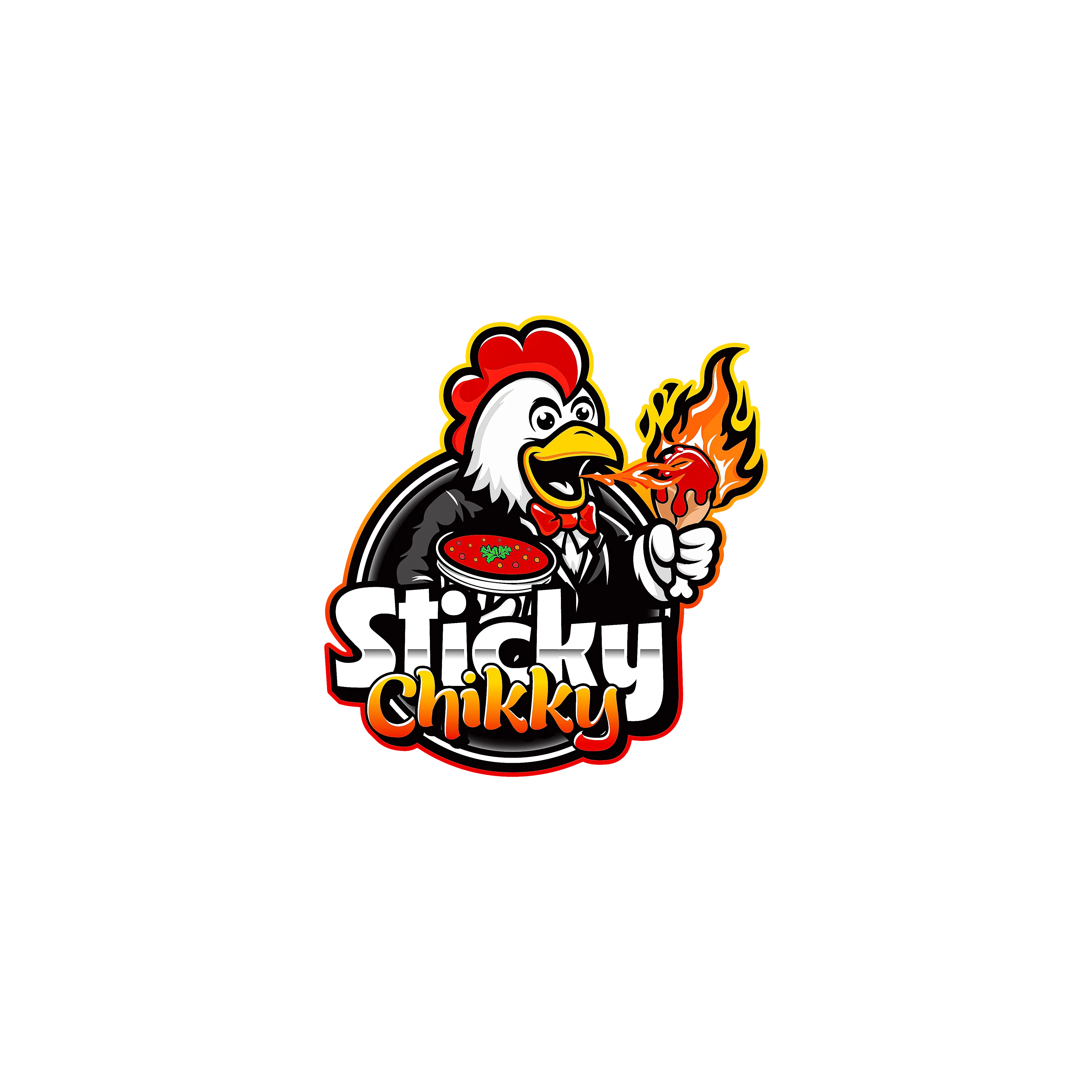 Playful logo of Sticky Chikky featuring a chicken in a tuxedo
