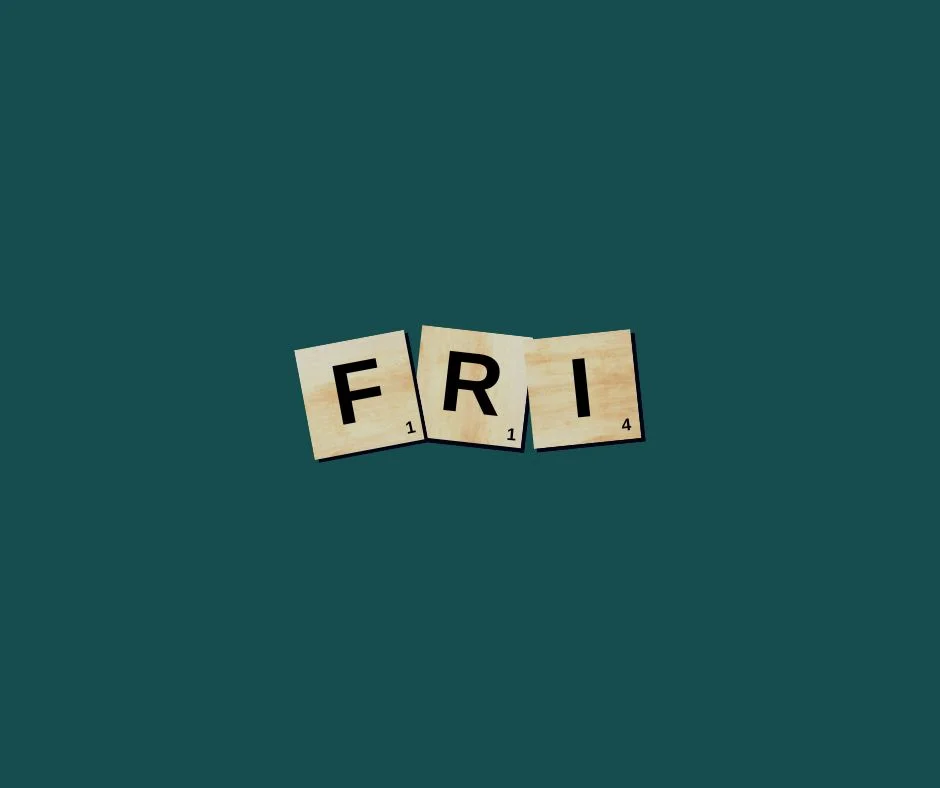 Scrabble tiles spelling 'FRI' on a teal background