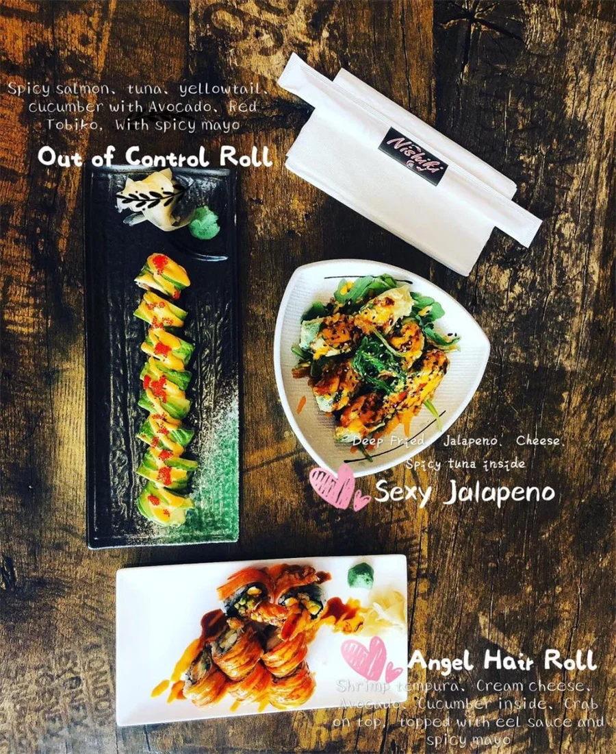 Japanese sushi rolls including Out of Control Roll