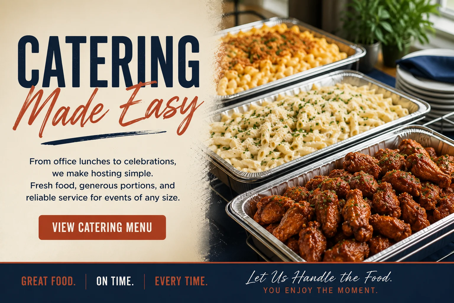 Catering spread with pasta and chicken wings