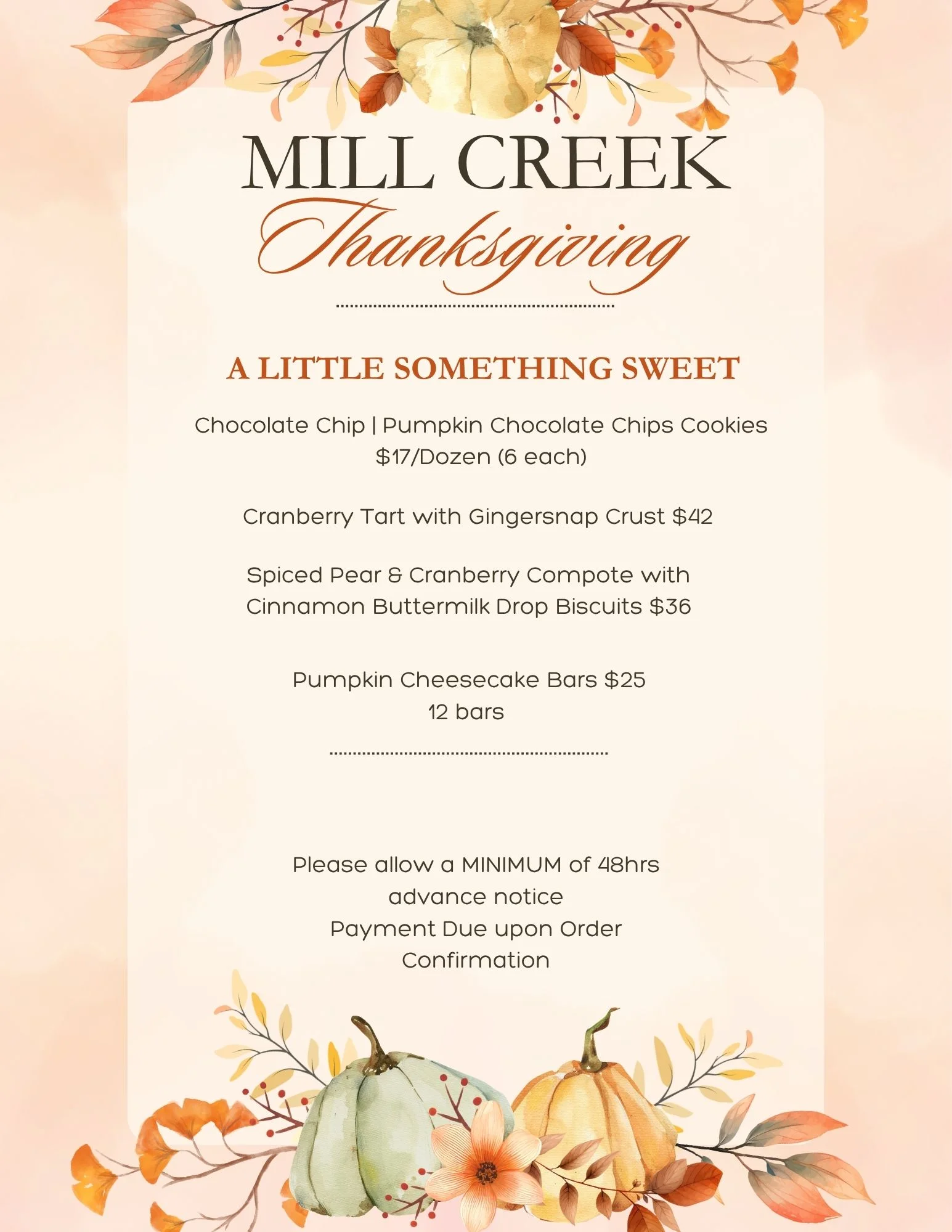 Thanksgiving dessert menu with seasonal pumpkin and autumn floral design