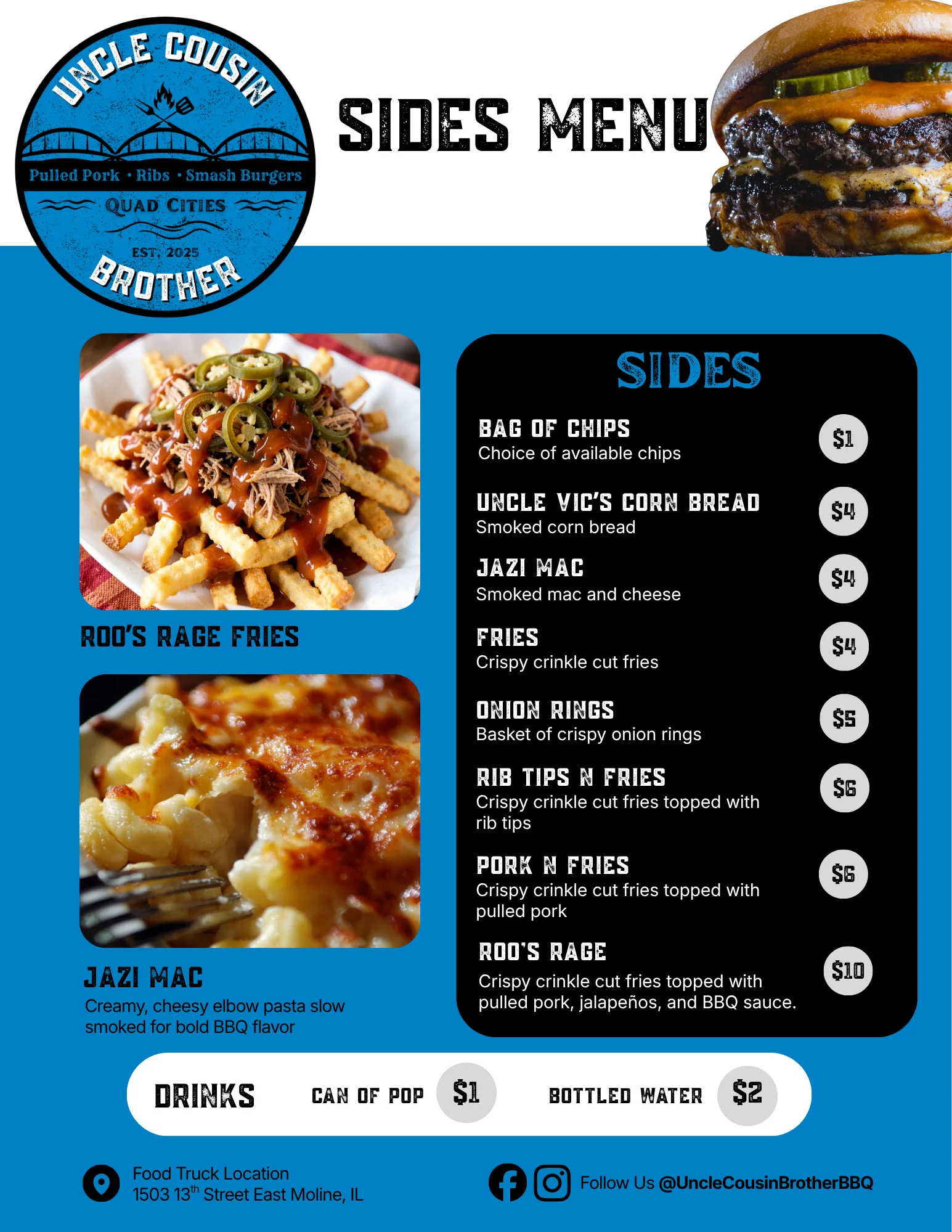 Menu of sides available at the restaurant featuring various dishes.