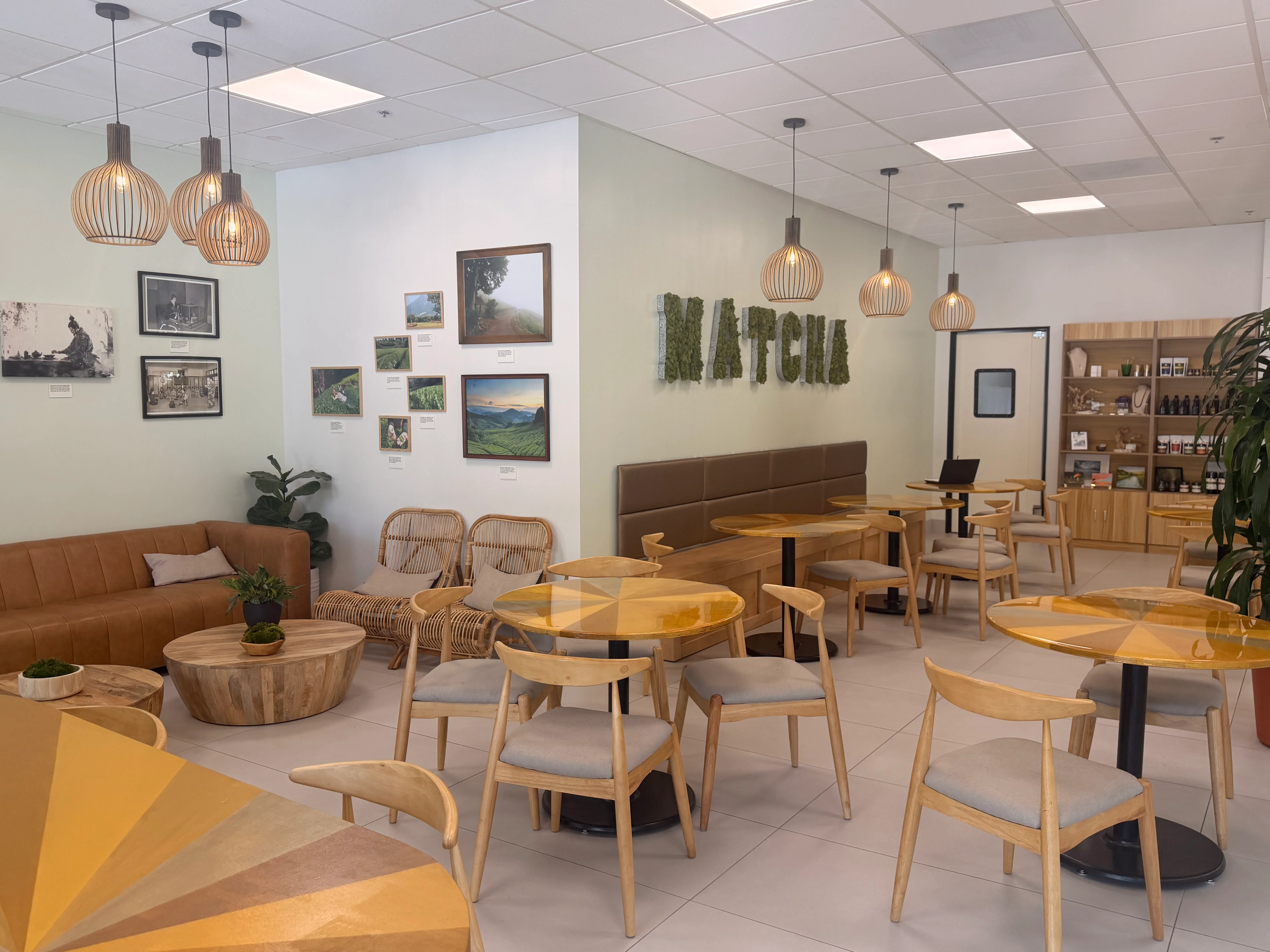 Cozy café interior with wooden furniture and warm lighting