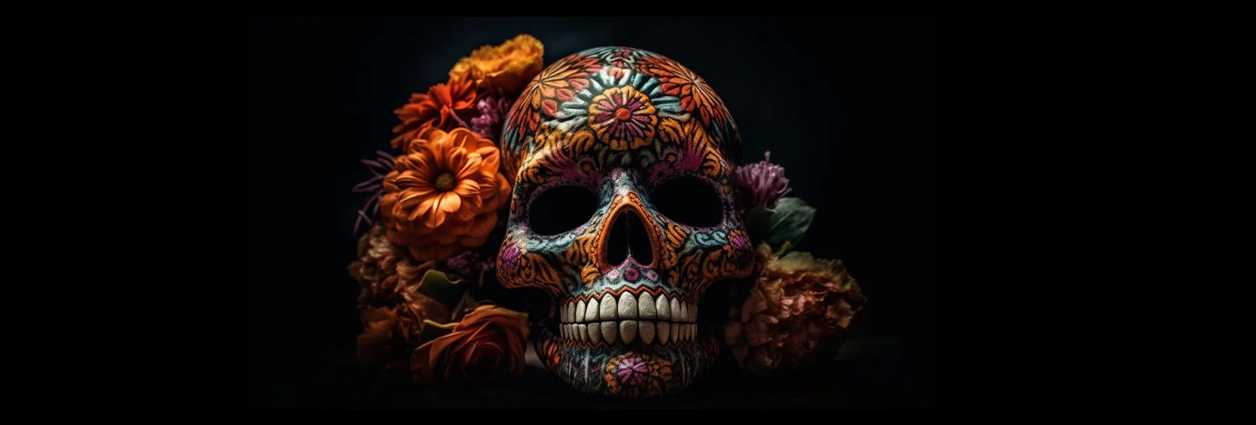 Colorful sugar skull adorned with flowers