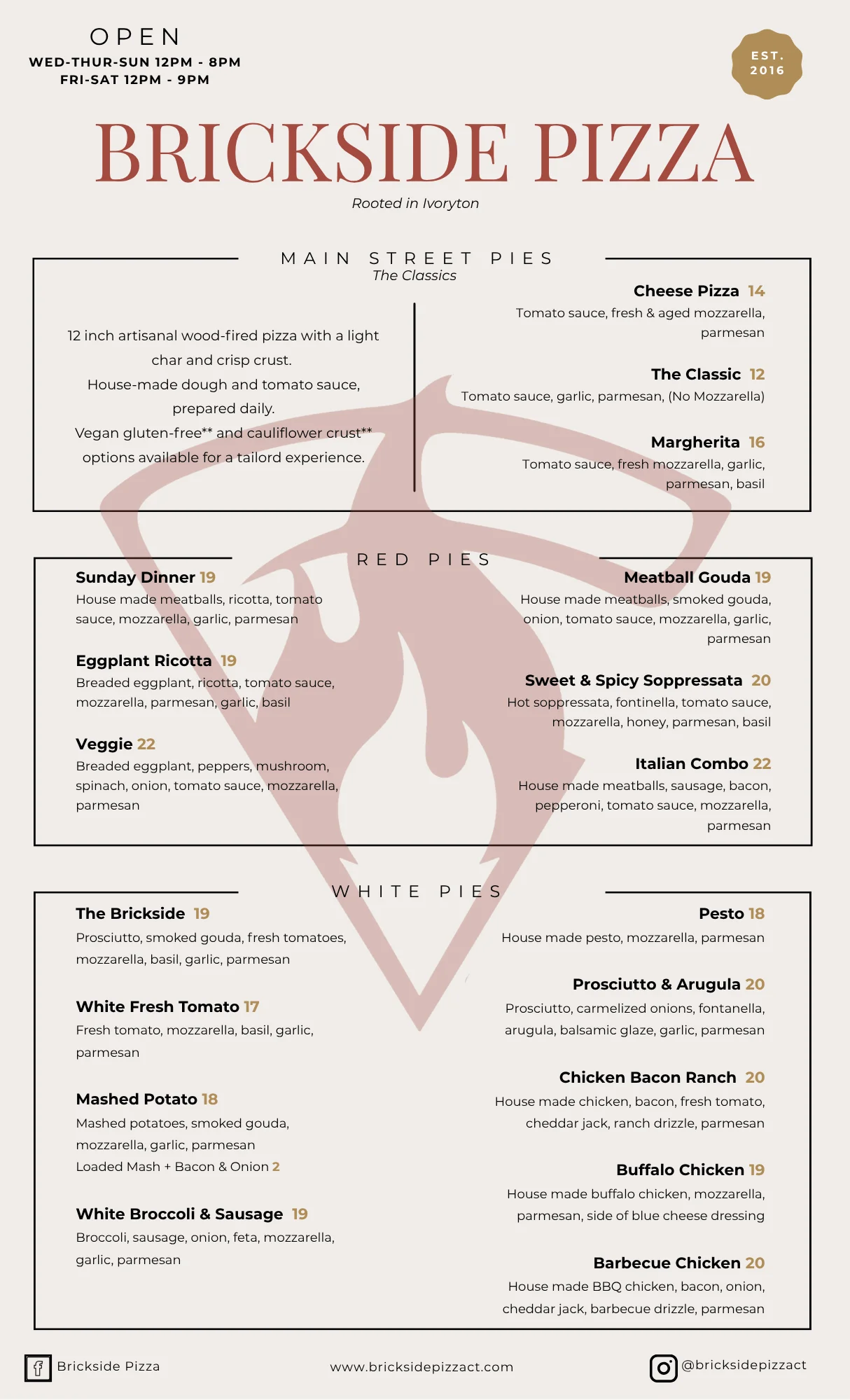 Menu for Brickside Pizza featuring various pizza options and prices.
