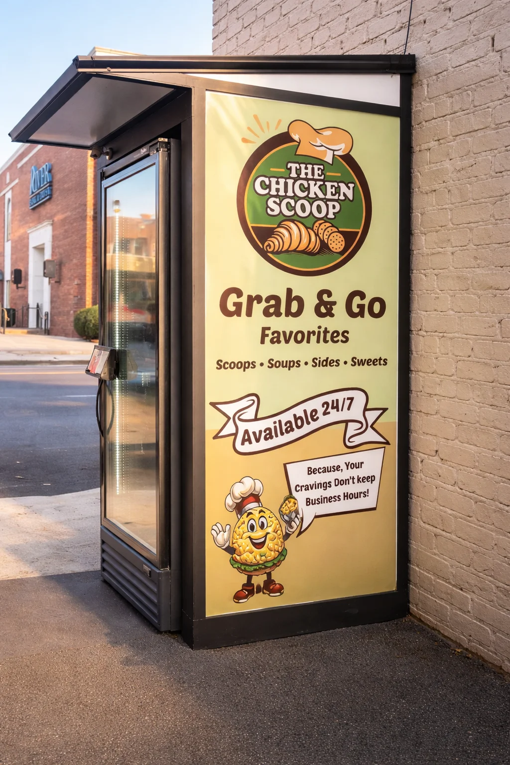 Restaurant sign for The Chicken Scoop featuring grab-and-go favorites