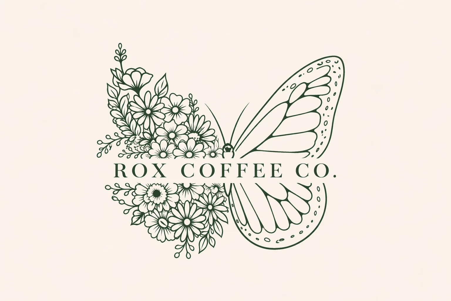 Elegant logo design for Rox Coffee Co. featuring floral and butterfly elements