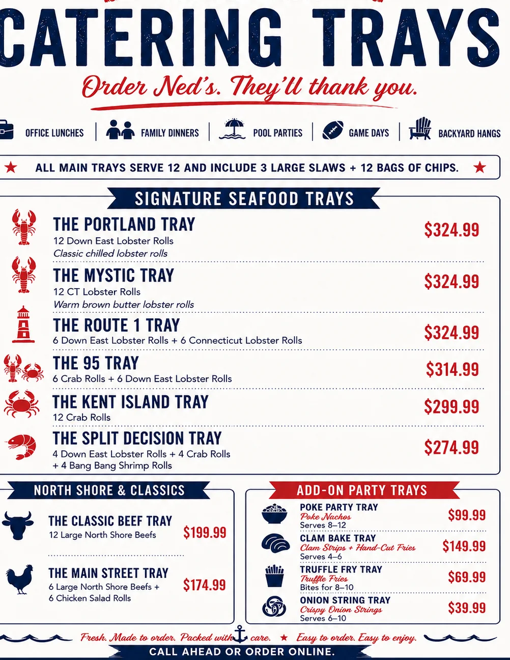 Catering menu featuring New England seafood trays and party options