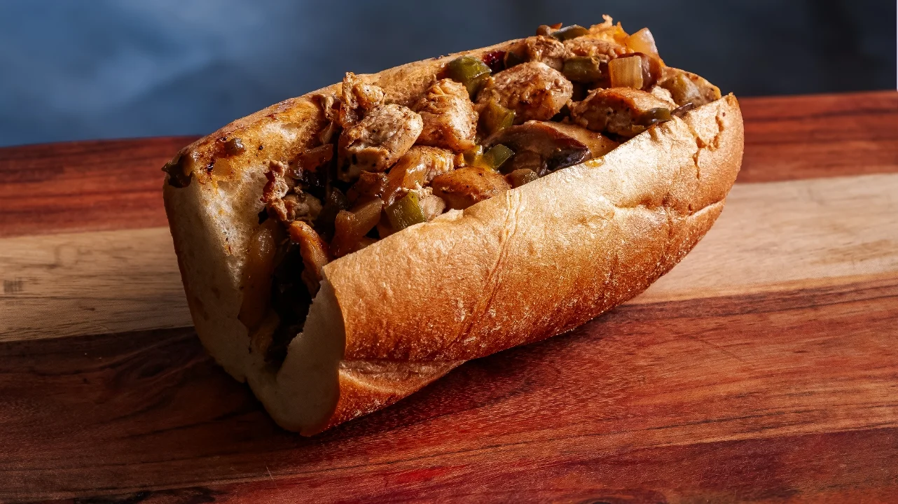 A loaded sub sandwich featuring pieces of chicken, peppers, and onions in a toasted bread roll, placed on a wooden surface.