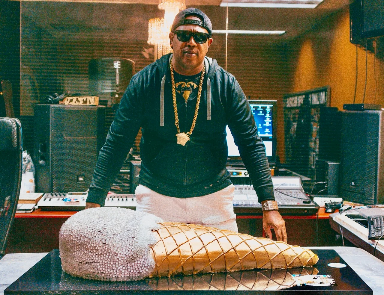 Giant ice cream cone cake in a music studio